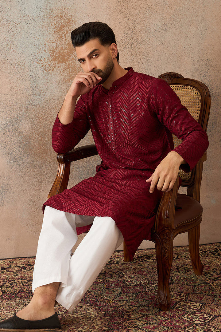 Maroon Rayon Embroidered Straight Kurta | SHOBITAM