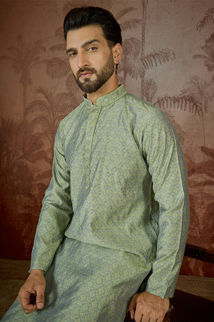 Mens Green Jacquard Solid Embroidered Kurta | SHOBITAM
