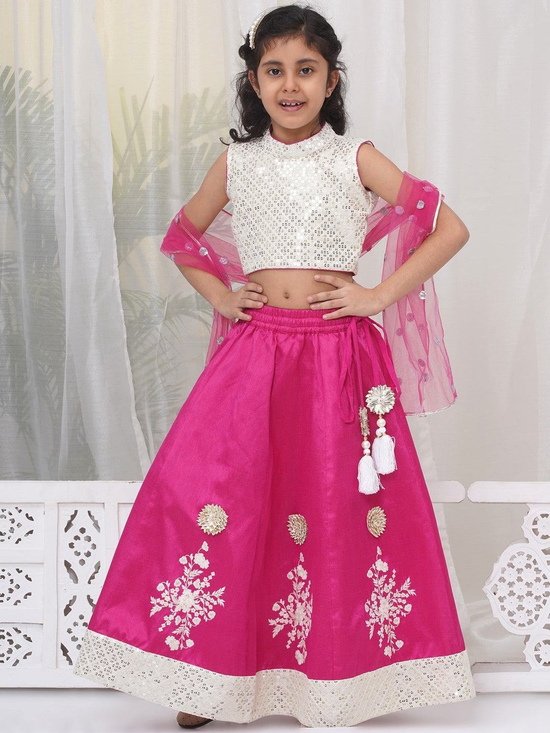 Girls Semi-Silk Brocade Kali Work Lehenga with Floral Thread Work & Sequin work Sleeveless Blouse with Dupatta - Hot Pink | SHOBITAM