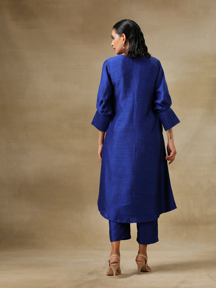 Blue Textured Silk Puff Sleeve Kurta Pant Set  | SHOBITAM