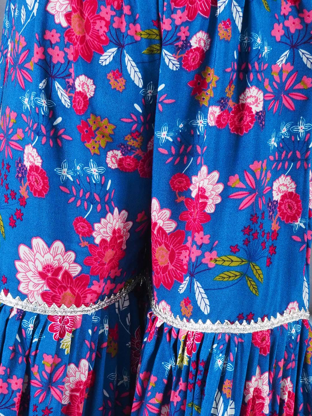 Girls Cotton Full Sleeves Kurta Sharara and Dupatta with Floral Print, Floral Embroidery, Lace & Rajasthani Lac Work - White &  Blue | SHOBITAM