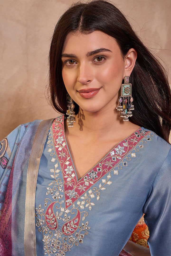Blue Rayon Blend Solid Embroidered Straight Kurta Trouser With Dupatta | SHOBITAM
