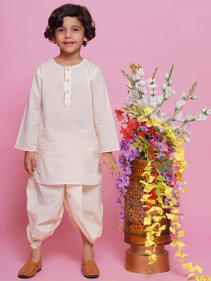 Boys Cotton Full Sleeves Ambi Embrodiery Nehru Jacket with Kurta and Dhoti - Cream | SHOBITAM