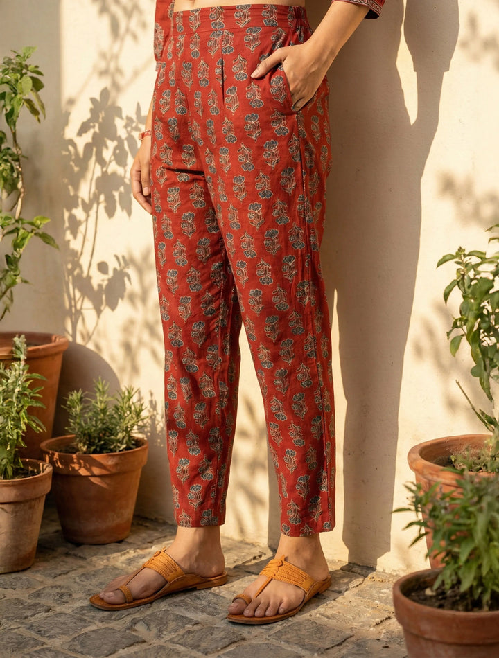 Rust Boota Print Angrakha Kurta Pant Dupatta Set | SHOBITAM