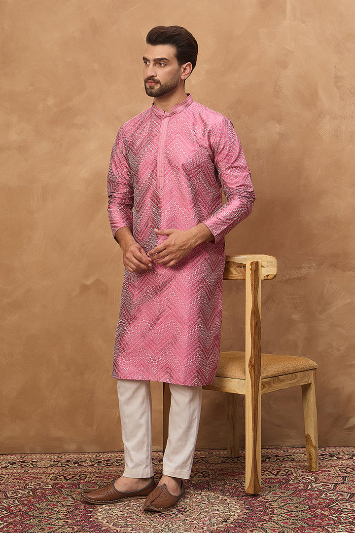 Pink Silk Blend Geometric Printed Straight Kurta | SHOBITAM