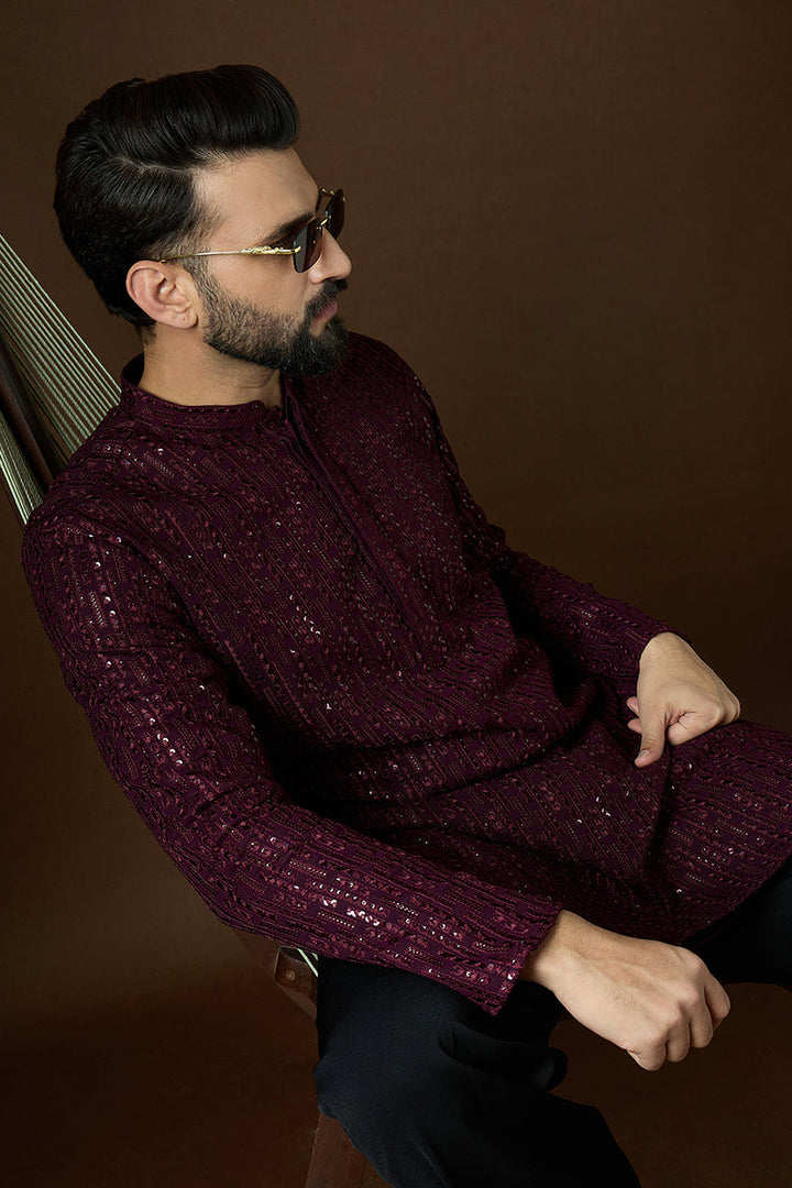 Purple Georgette Solid Embroidered Straight Kurta | SHOBITAM