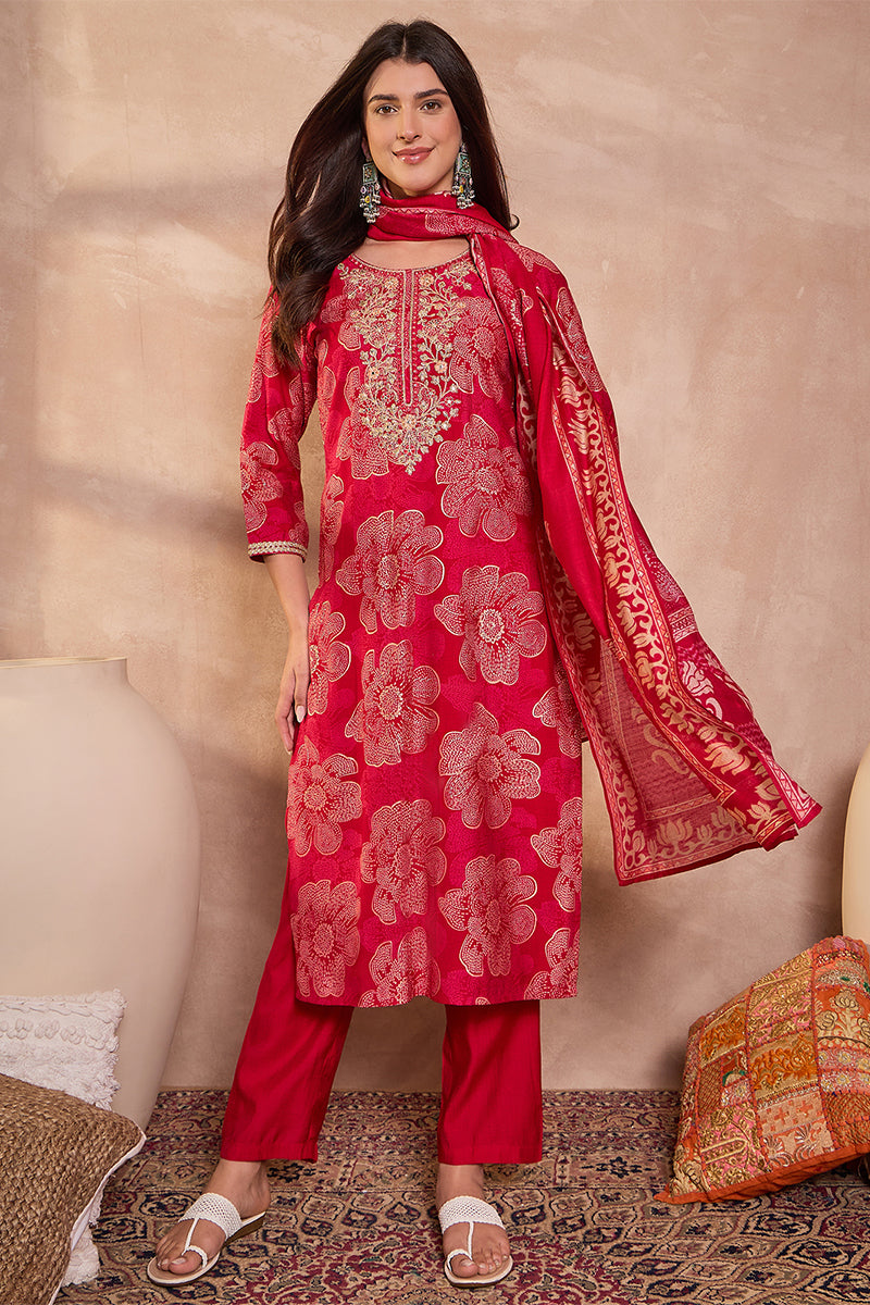 Pink Poly Silk Floral Printed Straight Kurta Trouser With Dupatta | SHOBITAM