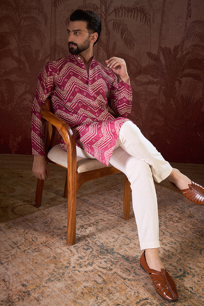 Magenta Silk Blend Chevron Printed Straight Kurta With Trouser | SHOBITAM