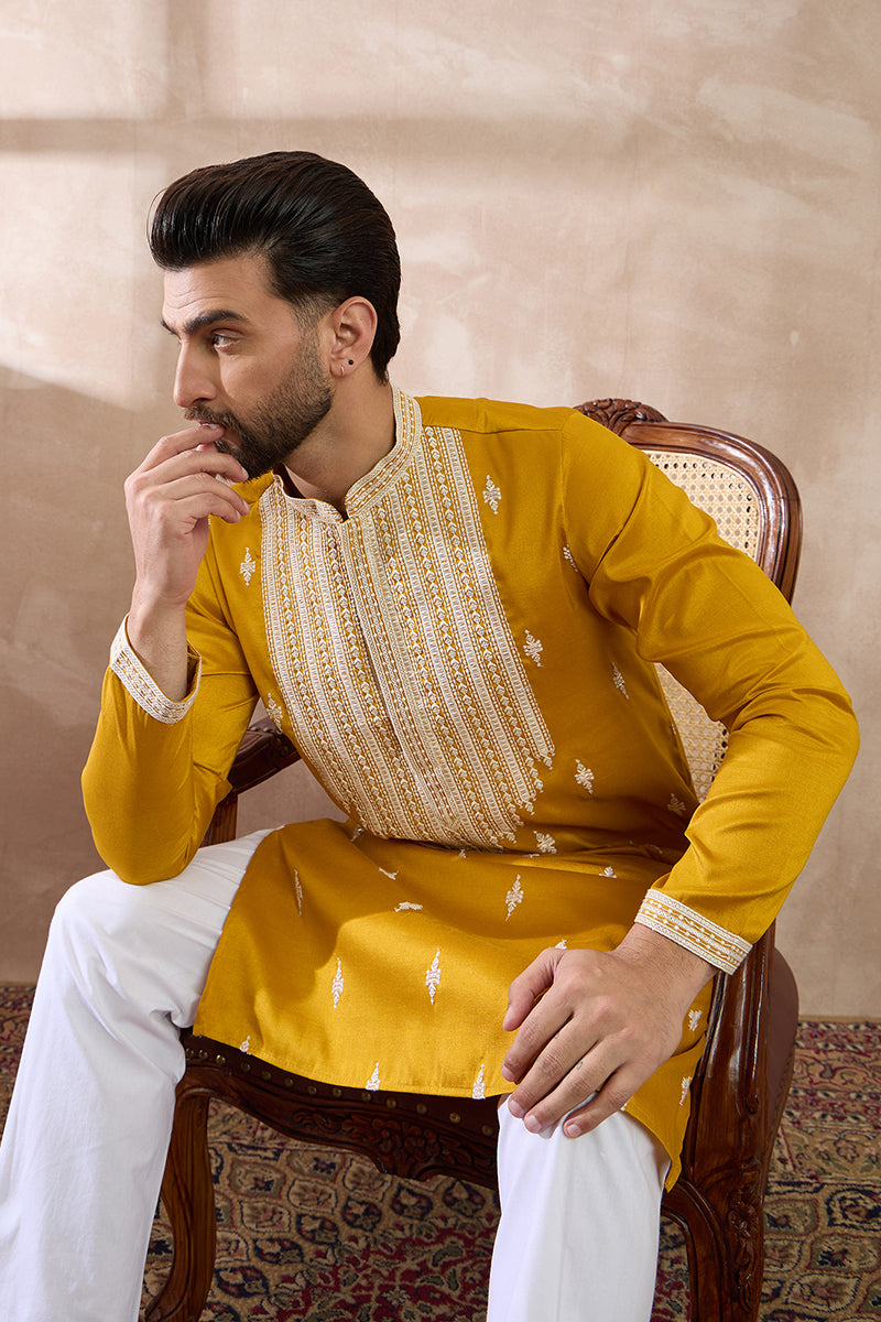 Yellow Silk Blend Embroidered Mandarin Collar Straight Kurta | SHOBITAM