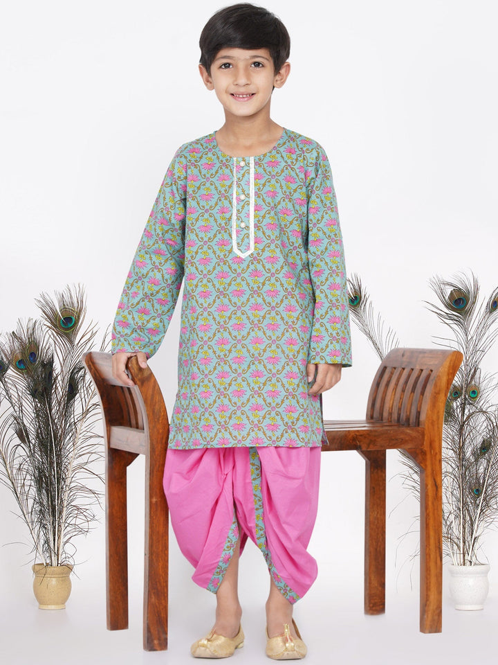 Boys Floral Kurta with Pearl Buttons and Dhoti in Blue and Pink  | SHOBITAM