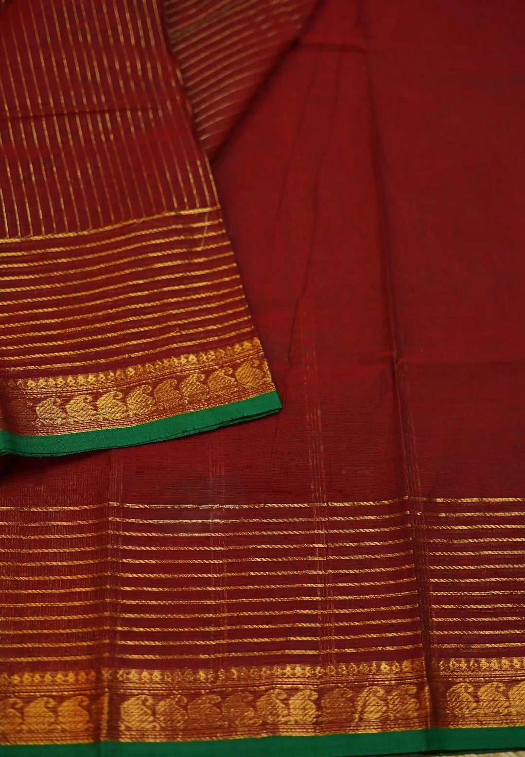 Kumkum Maroon Mercerized Cotton Saree with Zari detailing | SHOBITAM