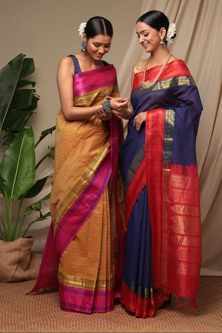 Handloom Honey Yellow Pure Cotton Kanchi Saree With Pure Silk Border And Pallu | SHOBITAM