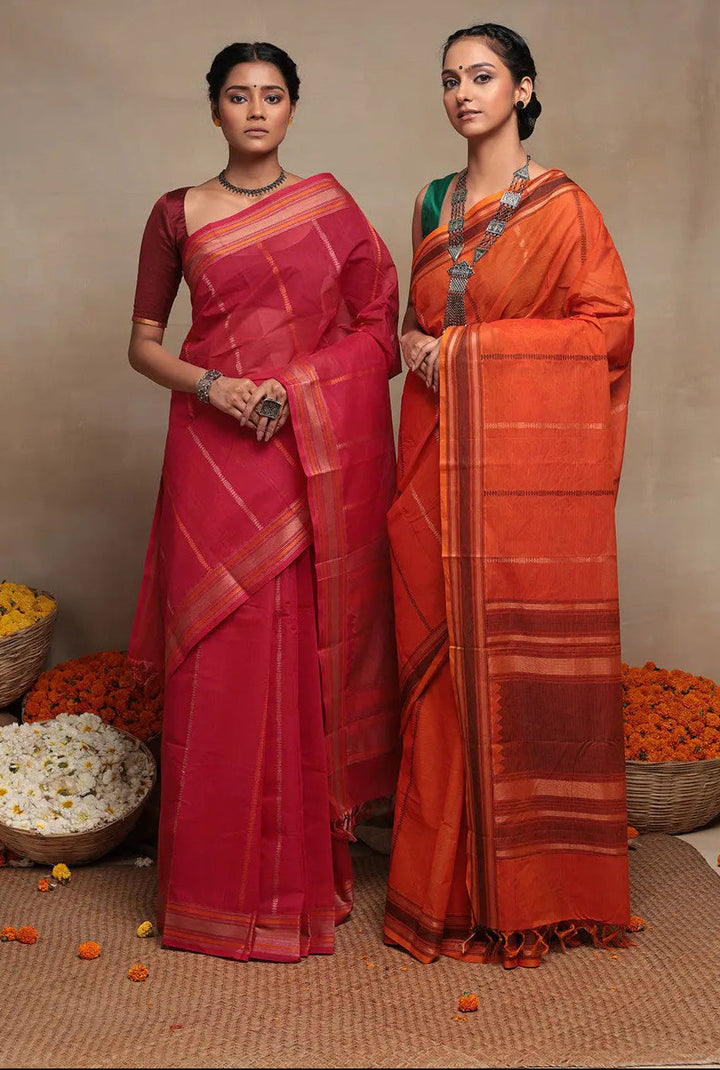 Magenta Handloom Kanchi Cotton Saree With Stripes | SHOBITAM