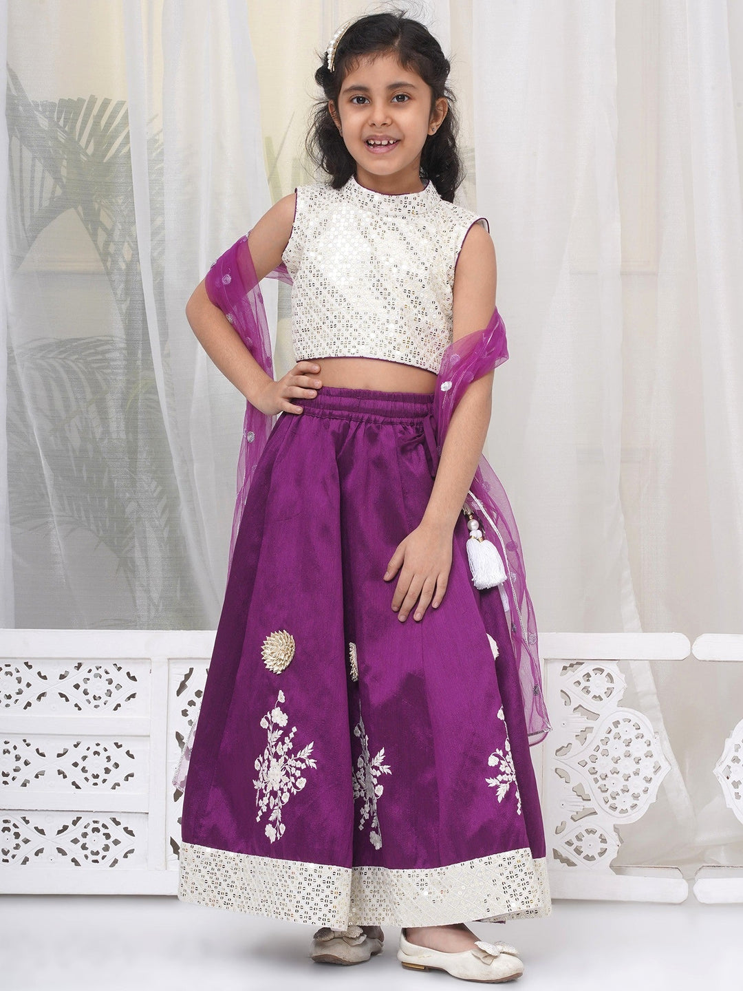 Girls Silk Brocade Kali Work Lehenga with Floral Thread Work & Sequin work Sleeveless Blouse with Dupatta - Purple | SHOBITAM