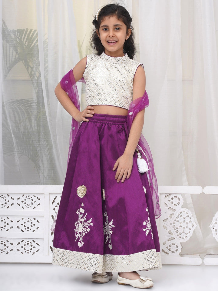 Girls Silk Brocade Kali Work Lehenga with Floral Thread Work & Sequin work Sleeveless Blouse with Dupatta - Purple | SHOBITAM