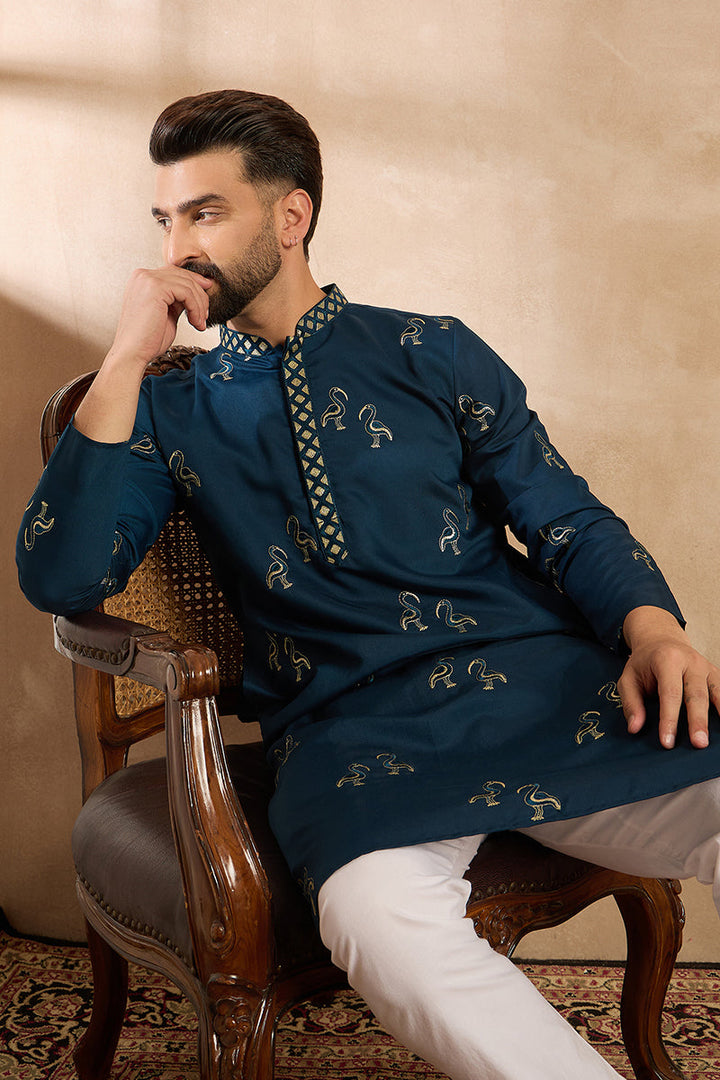 Navy Blue Silk Blend Solid Embroidered Straight Kurta With Trouser For Men | SHOBITAM