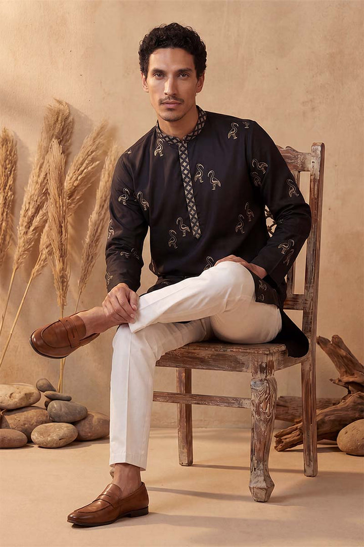 Mens Black Silk Blend Solid Embroidered Kurta With Trousers | SHOBITAM
