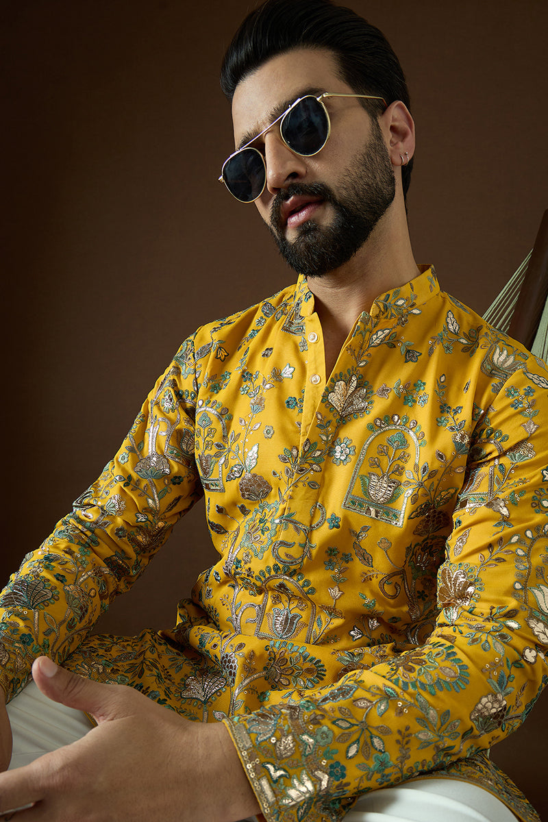 Yellow Georgette Solid Embroidered Straight Kurta | SHOBITAM