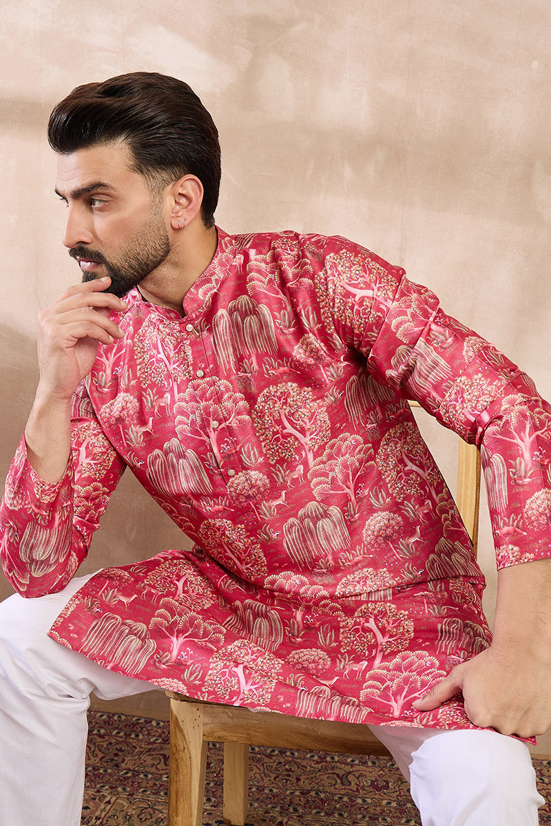 Pink Silk Blend Abstract Printed Straight Kurta For Men | SHOBITAM