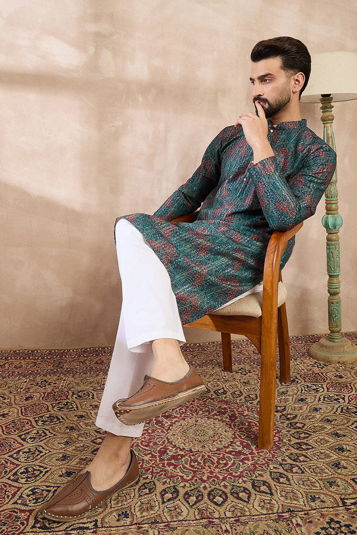 Blue Silk Blend Floral Printed Straight Kurta For Men | SHOBITAM