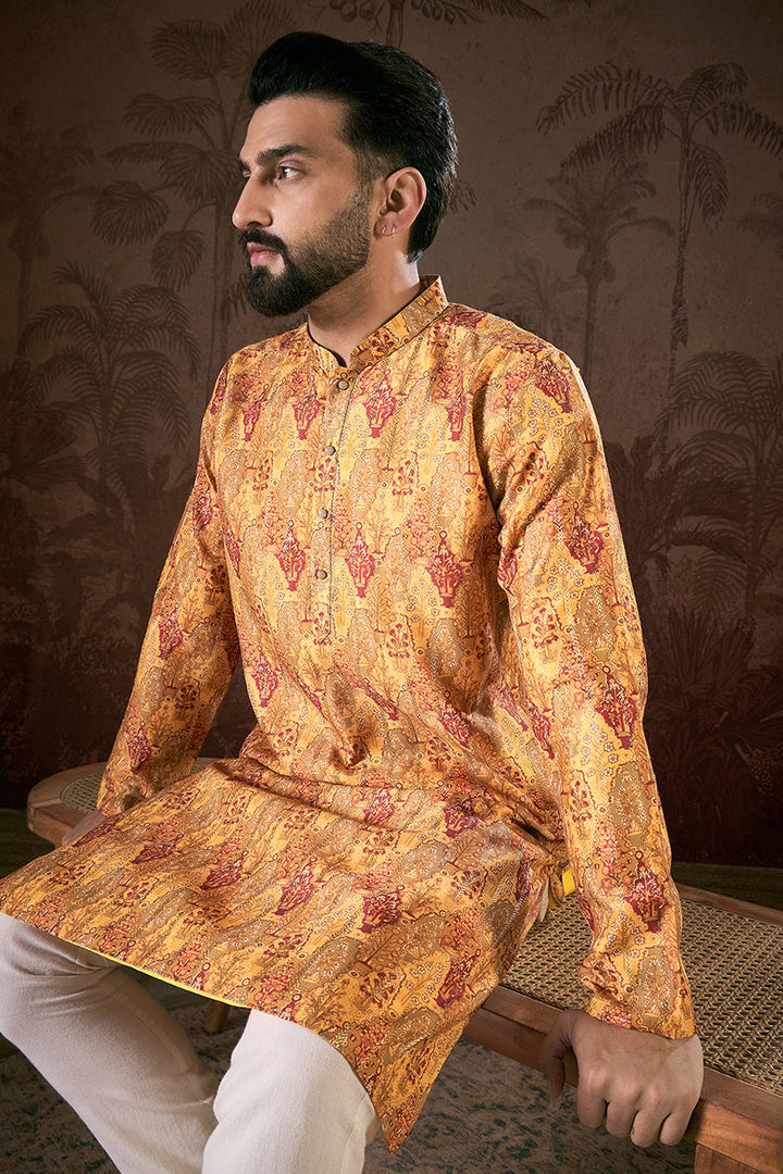 Mustard Silk Blend Ethnic Motifs Printed Straight Kurta With Trouser | SHOBITAM
