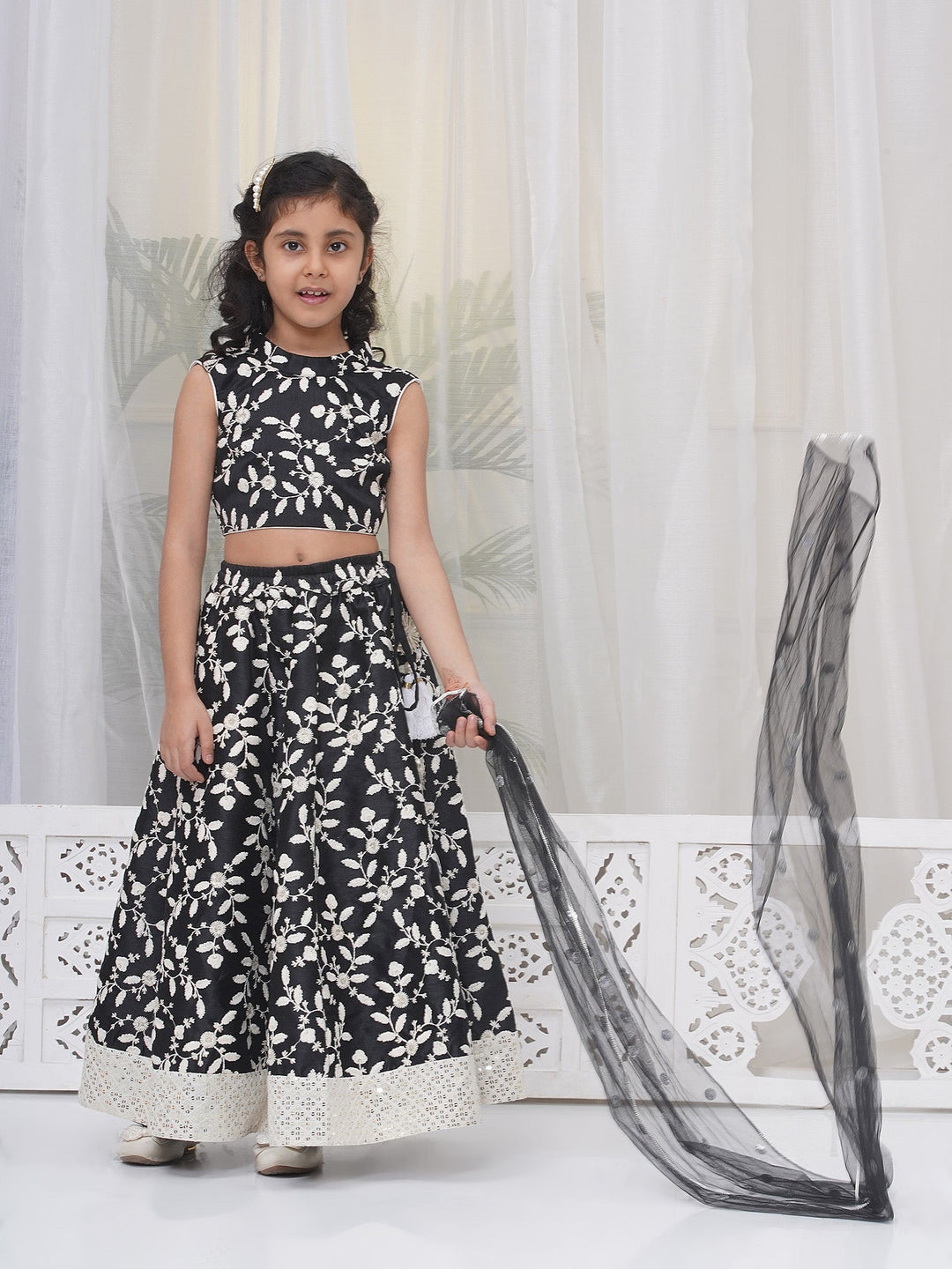 Girls Silk Brocade Floral Thread Work Lehenga with Blouse & Dupatta - Black | SHOBITAM