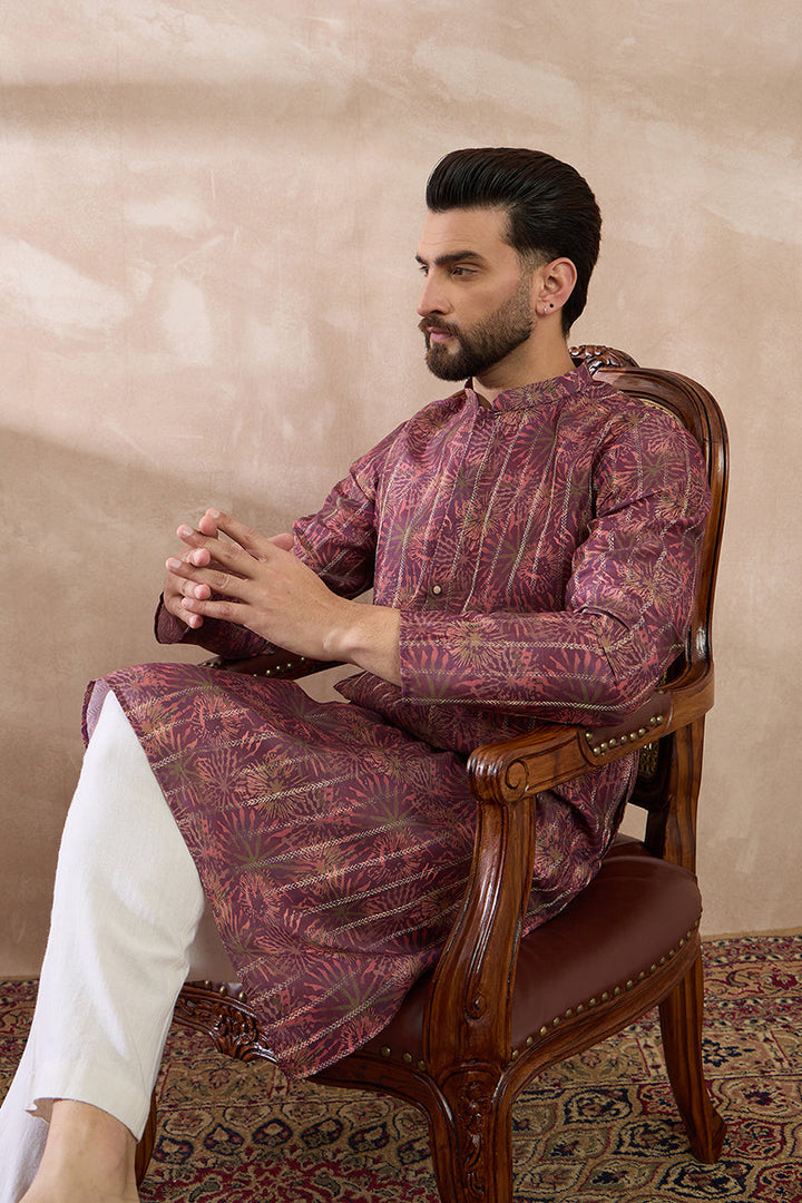 Purple Silk Blend Printed Mandarin Collar Straight Kurta With Trouser | SHOBITAM