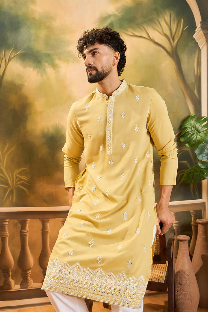 Yellow Silk Solid Embroidered Straight Kurta | SHOBITAM