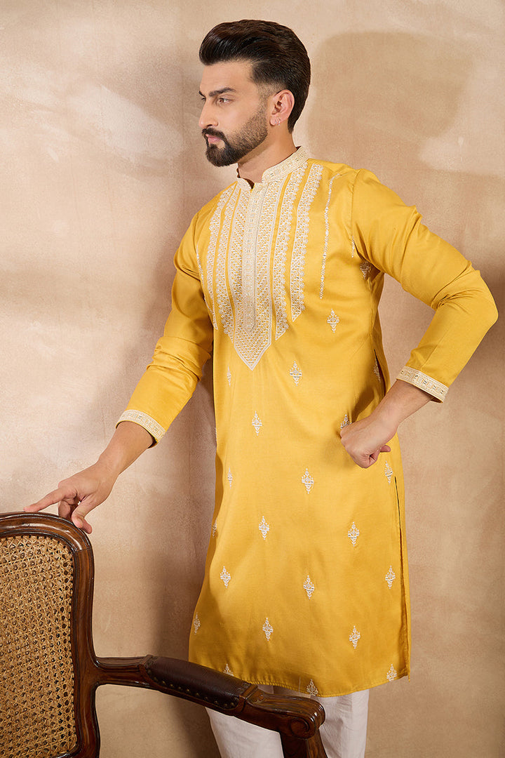 Yellow Silk Blend Geometric Embroidered Straight Kurta With Trouser | SHOBITAM