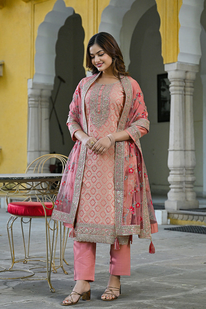 Peach Silk Blend Solid Woven Design Straight Kurta Trousers With Dupatta | SHOBITAM