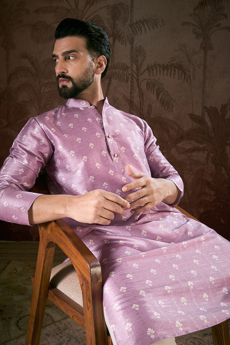 Lavender Silk Blend Floral Printed Straight Kurta For Men | SHOBITAM