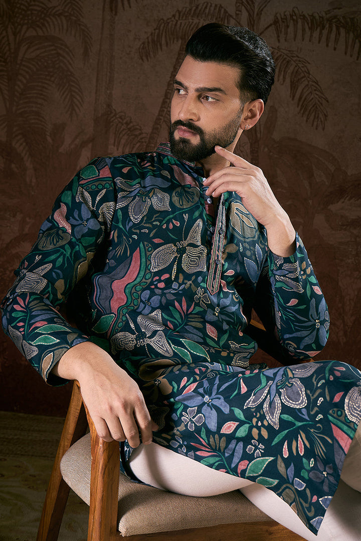 Blue Silk Blend Floral Printed Straight Kurta | SHOBITAM