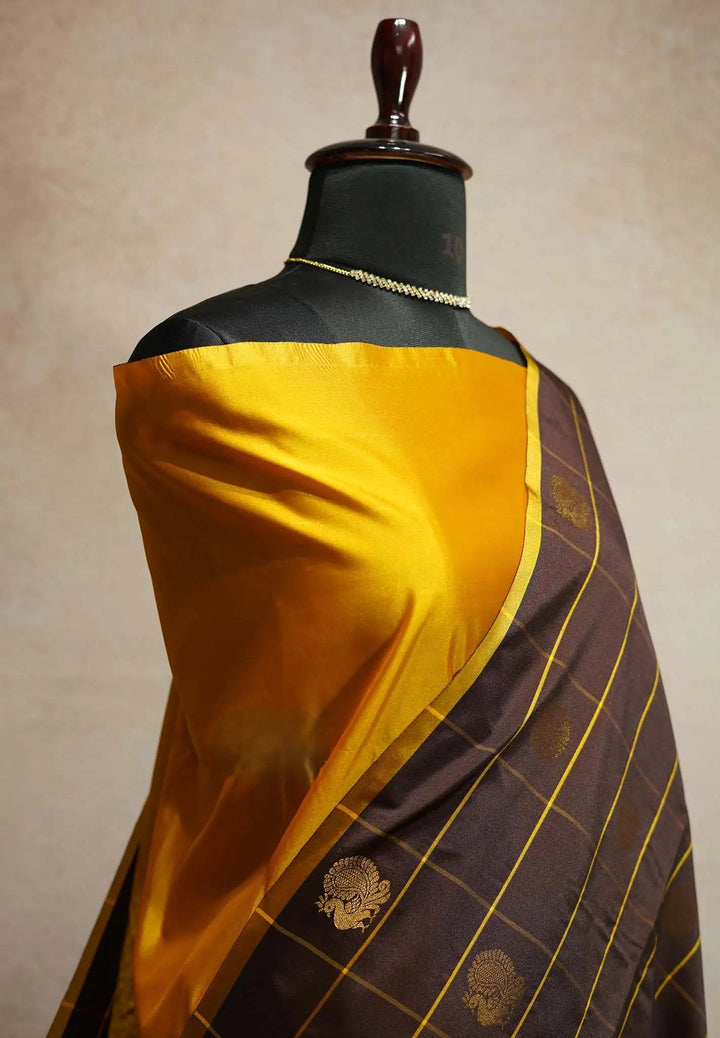 Preorder : Coffee brown Art Silk Saree with rudraksham mayil kattam body | SHOBITAM
