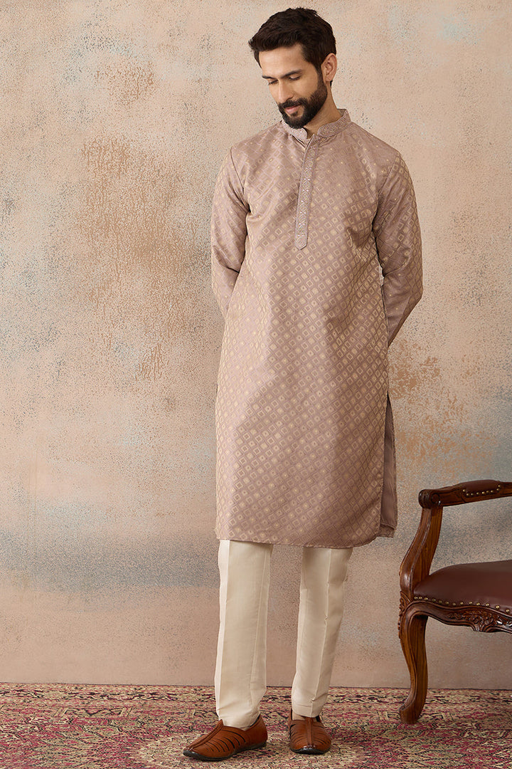 Mens Taupe Jacquard Ethnic Motifs Embroidered Kurta | SHOBITAM