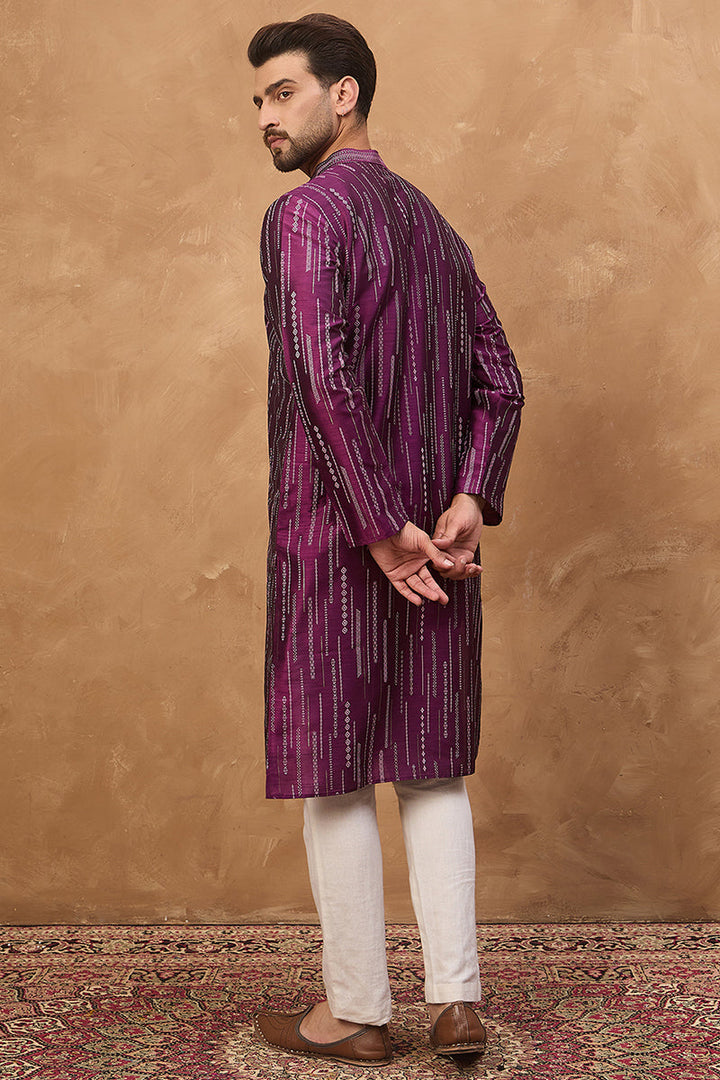 Purple Silk Blend Geometric Printed Straight Kurta | SHOBITAM