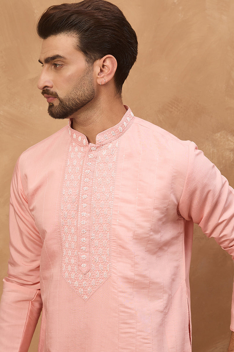 Peach Silk Blend Solid Solid Straight Kurta | SHOBITAM