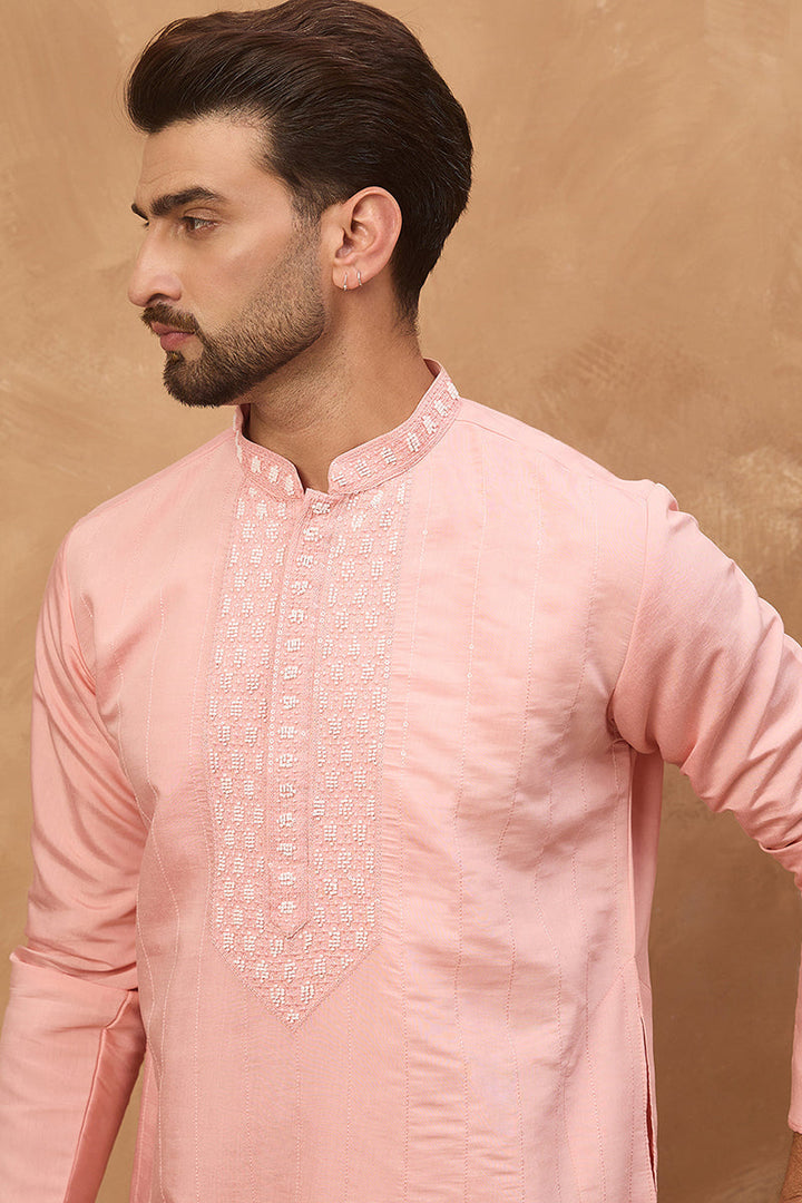 Peach Silk Blend Solid Solid Straight Kurta | SHOBITAM