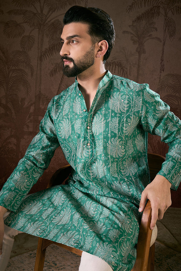 Teal Silk Blend Floral Printed Straight Kurta With Trouser| SHOBITAM