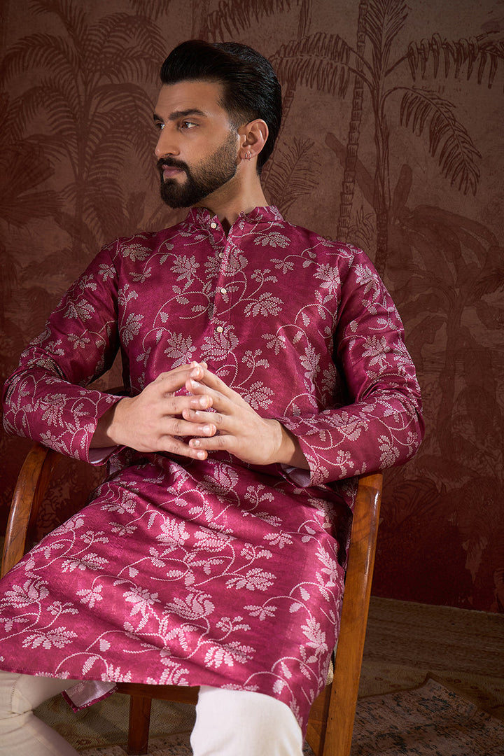 Red Silk Blend Floral Printed Straight Kurta For Men | SHOBITAM