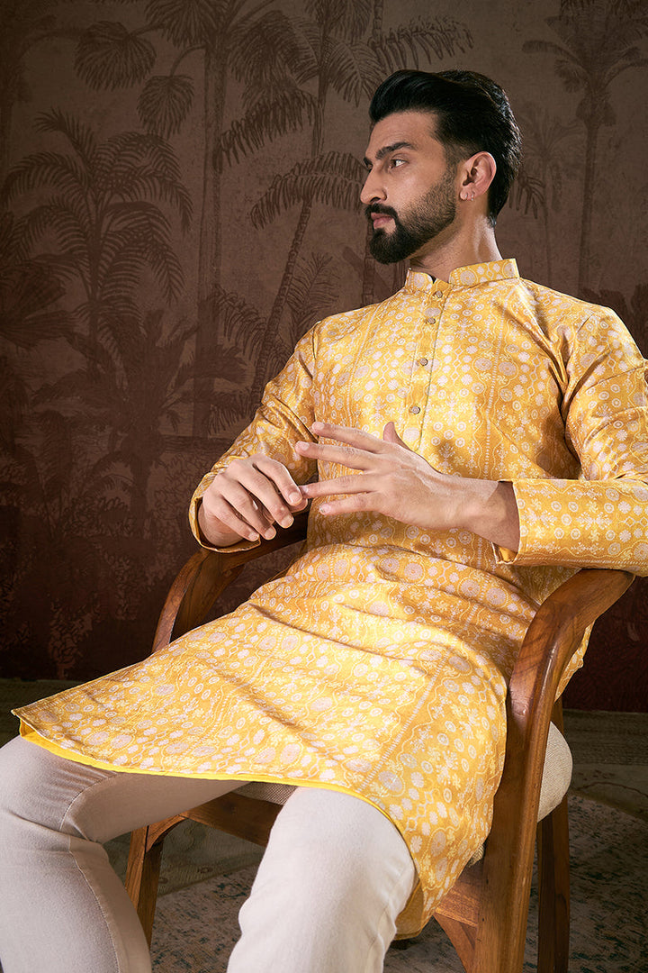 Yellow Silk Blend Floral Printed Straight Kurta With Trouser | SHOBITAM