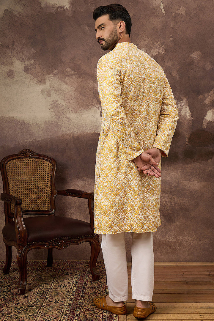 Yellow Viscose Rayon Solid Embroidered Straight Kurta with Trouser  | SHOBITAM