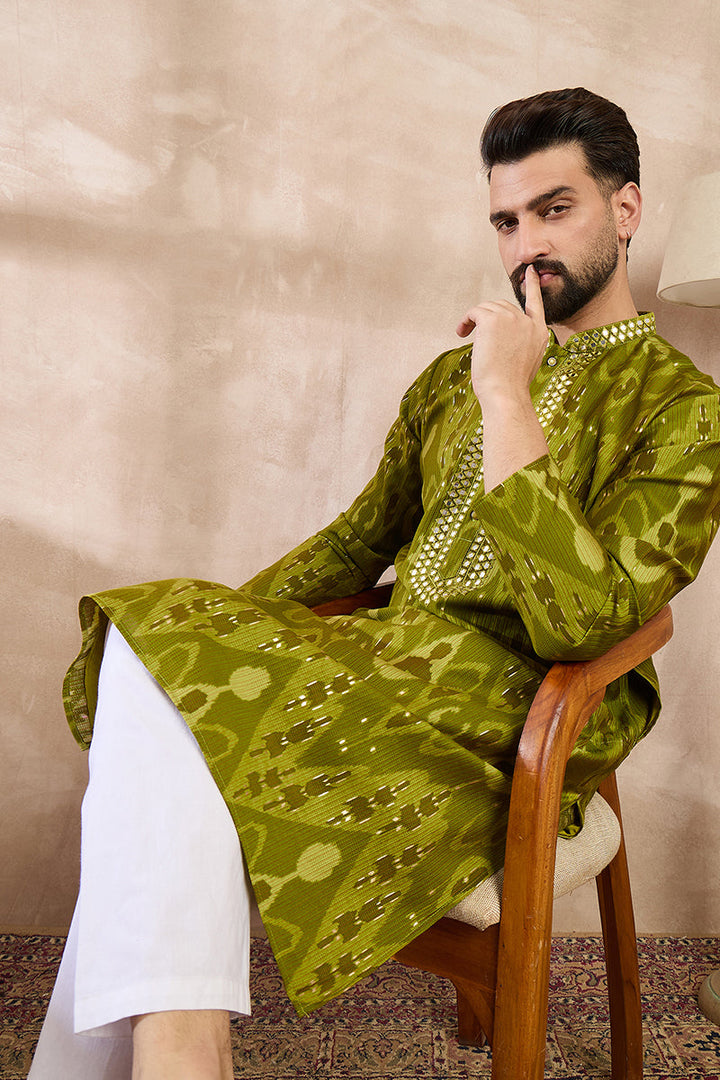 Green Viscose Rayon Chevron Printed Straight Kurta For Men | SHOBITAM