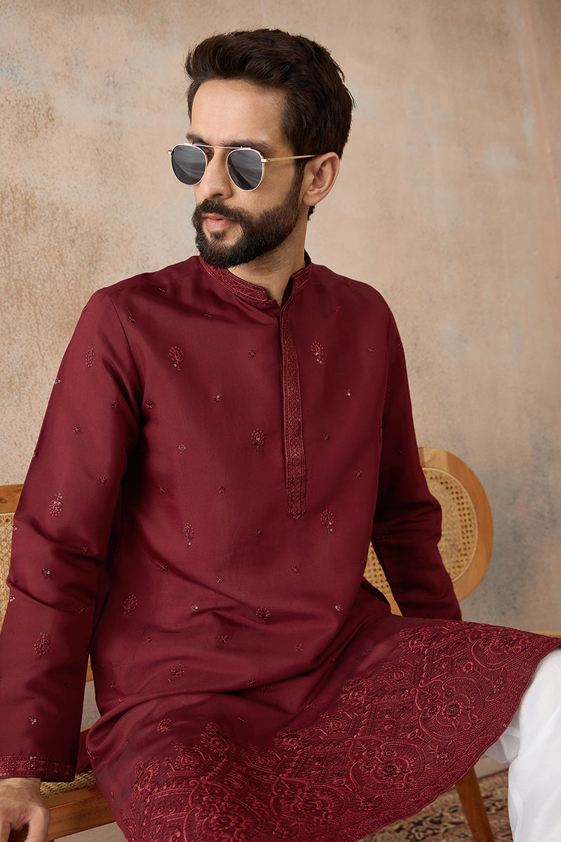 Mens Maroon Silk Blend Solid Emboidered Straight Kurta With Trouser | SHOBITAM
