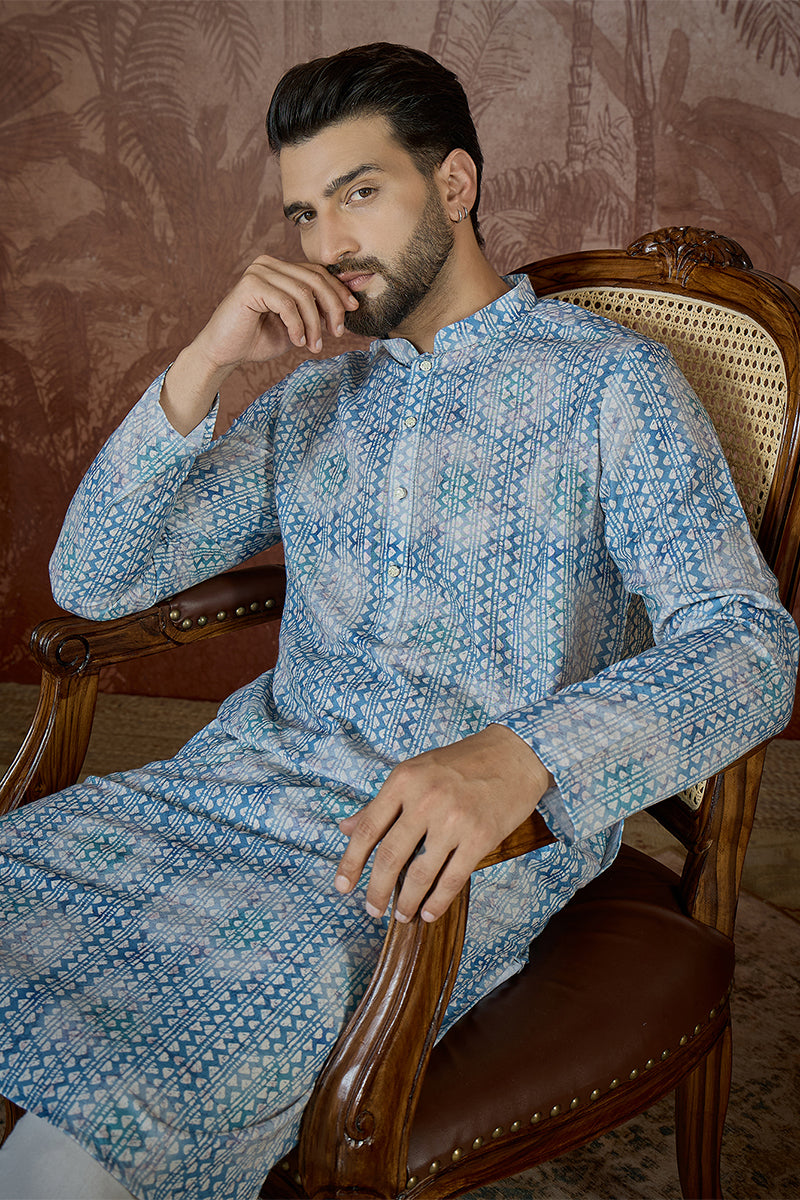 Mens Blue Linen Ethnic Motifs Printed Regular Kurta With Trouser | SHOBITAM