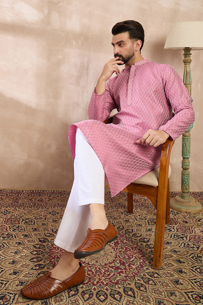Pink Silk Blend Solid Woven Design Straight Kurta With Trouser | SHOBITAM