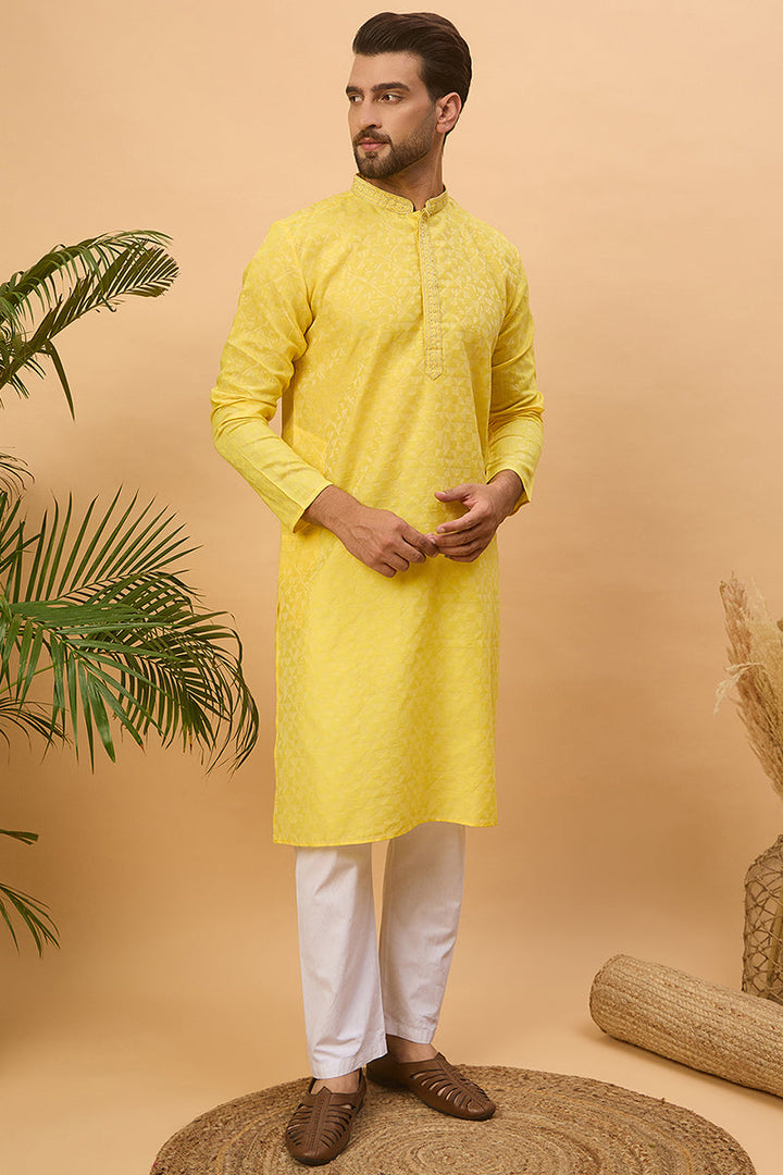Yellow Silk Blend Solid Embroidered Straight Kurta  | SHOBITAM