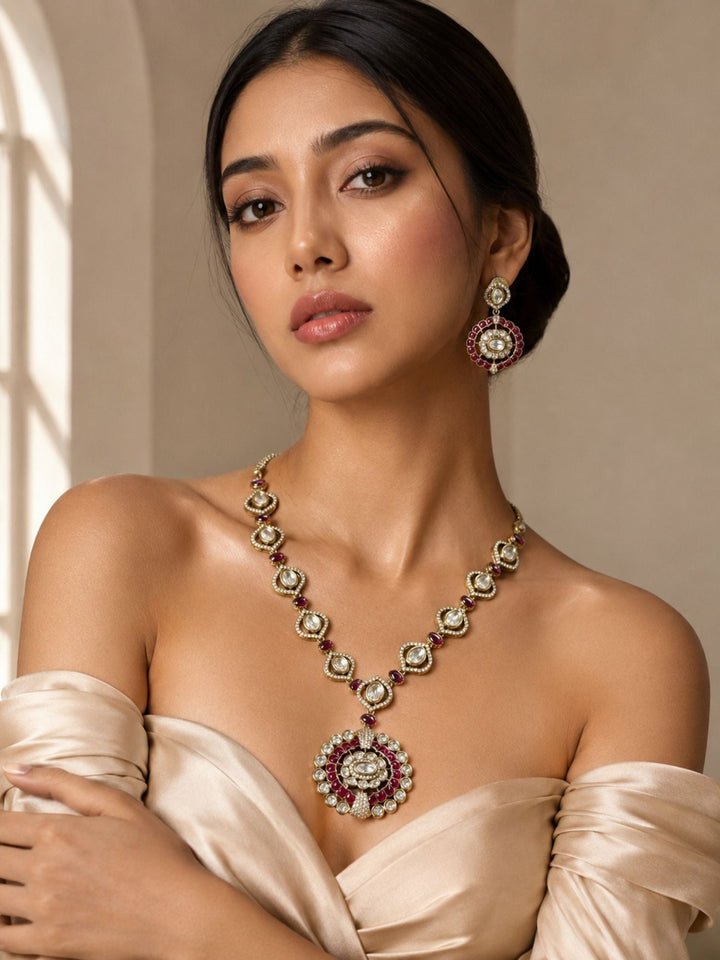 Ruby Kundan Pendant Necklace Set in Gold Plating | SHOBITAM