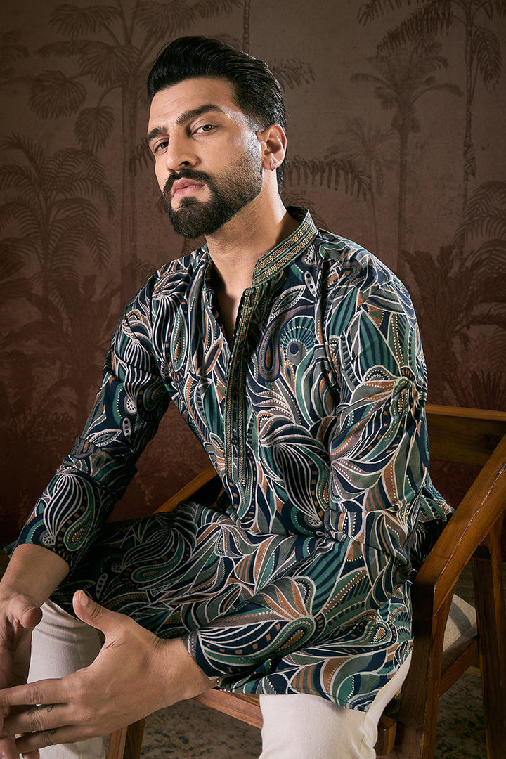 Navy Blue Silk Blend Abstract Printed Straight Kurta For Men | SHOBITAM