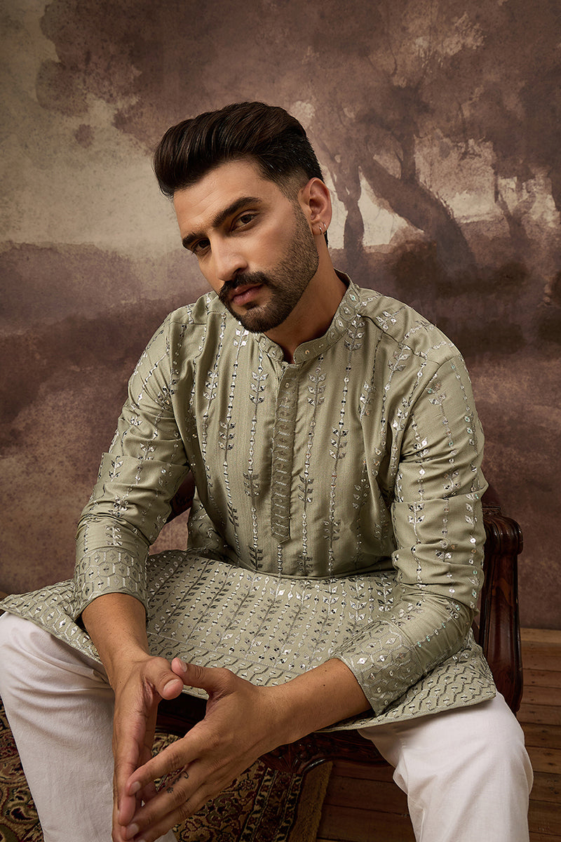 Green Silk Blend Solid Embroidered Straight Kurta With Pant Set For Men | SHOBITAM