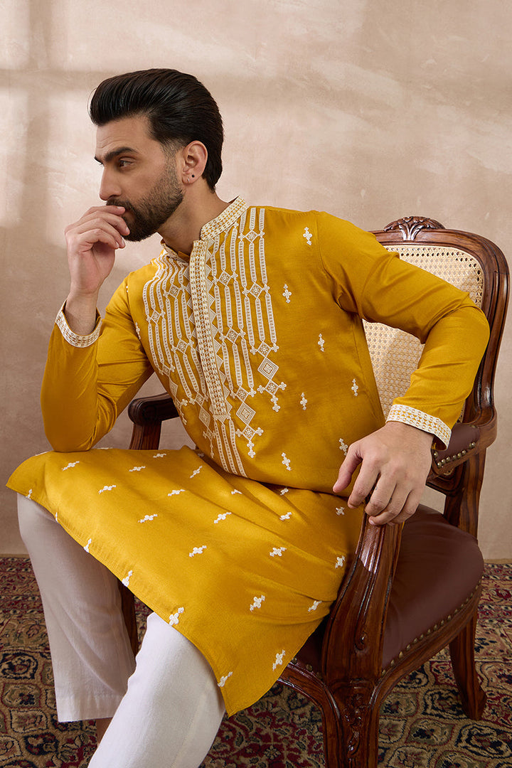 Yellow Silk Blend Embroidered Mandarin Collar Straight Kurta | SHOBITAM
